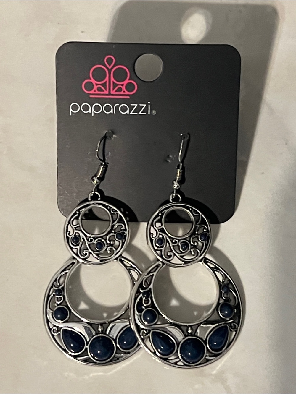 Paparazzi Silver-Tone Navy Filigree Double Hoop Drop Earrings